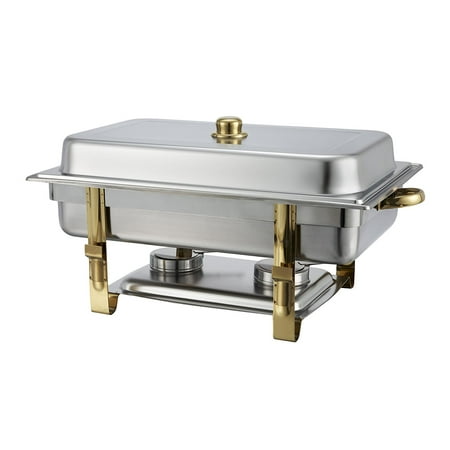1 Inch Dome - 8 Quart Stainless Steel Gold Accented Chafer, Includes one full size food pan, 2-1/2 inch deep, dripless water pan, dome cover and two fuel holders By Winware