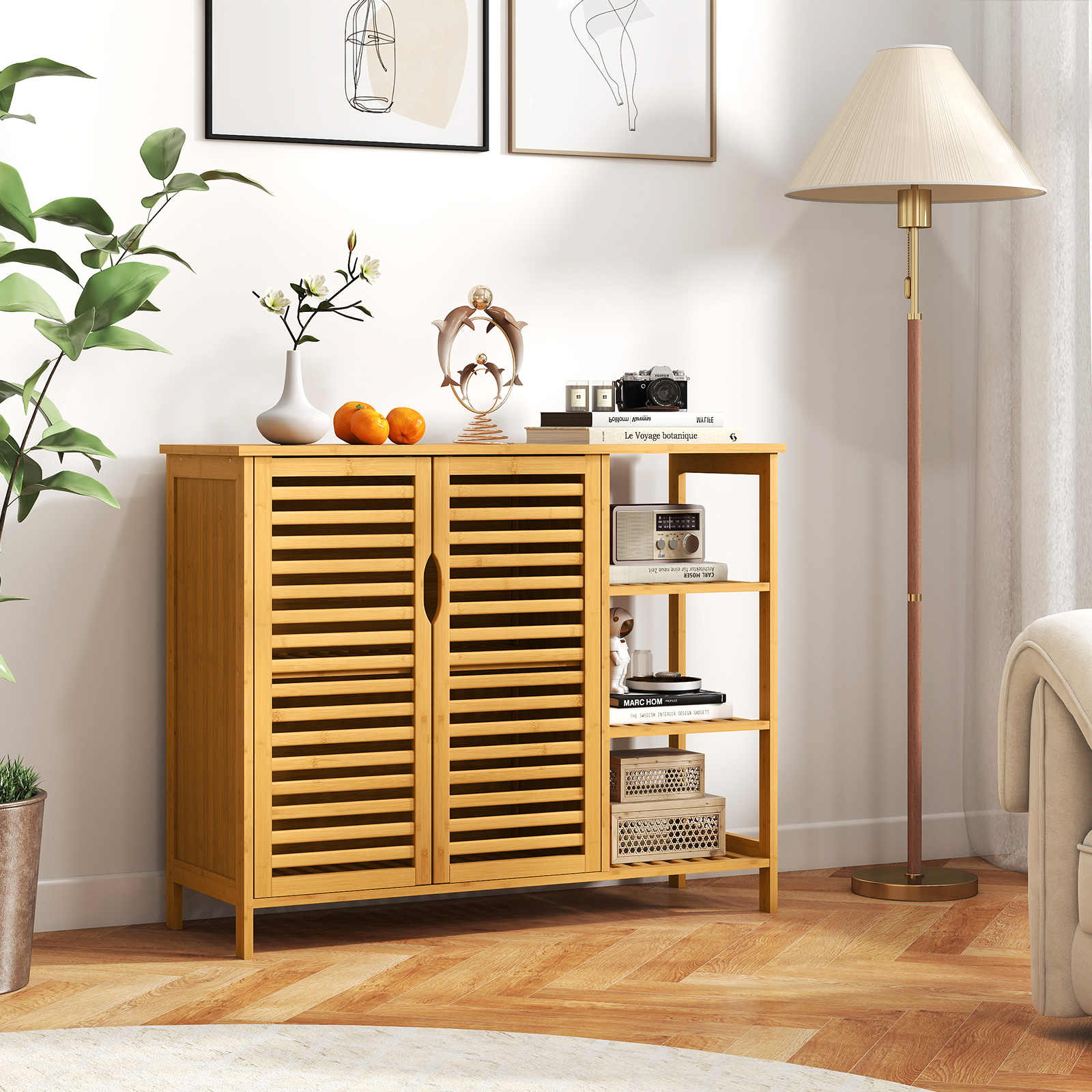Giantex Bamboo Bathroom Cabinet, Freestanding Storage Unit w/3-tier shelf, 2-Door Storage Organizer Slatted Floor Cupboard
