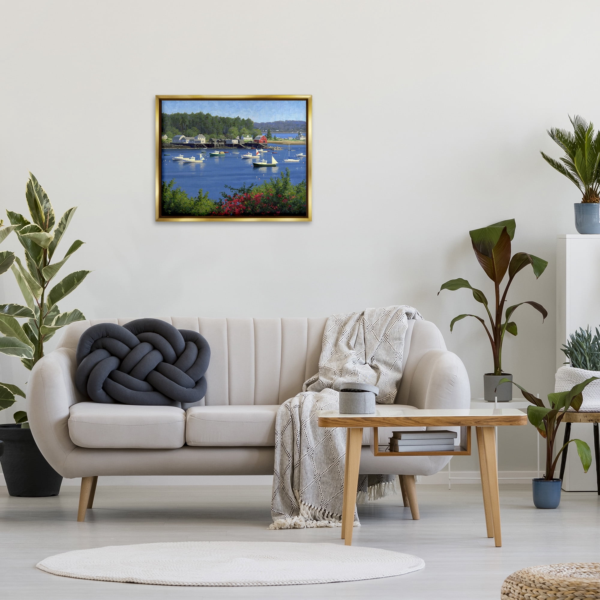 Stupell Industries Summer Harbor Inlet Landscape Painting Gold Floater Framed Canvas Art Print Wall Art, 31 x 25