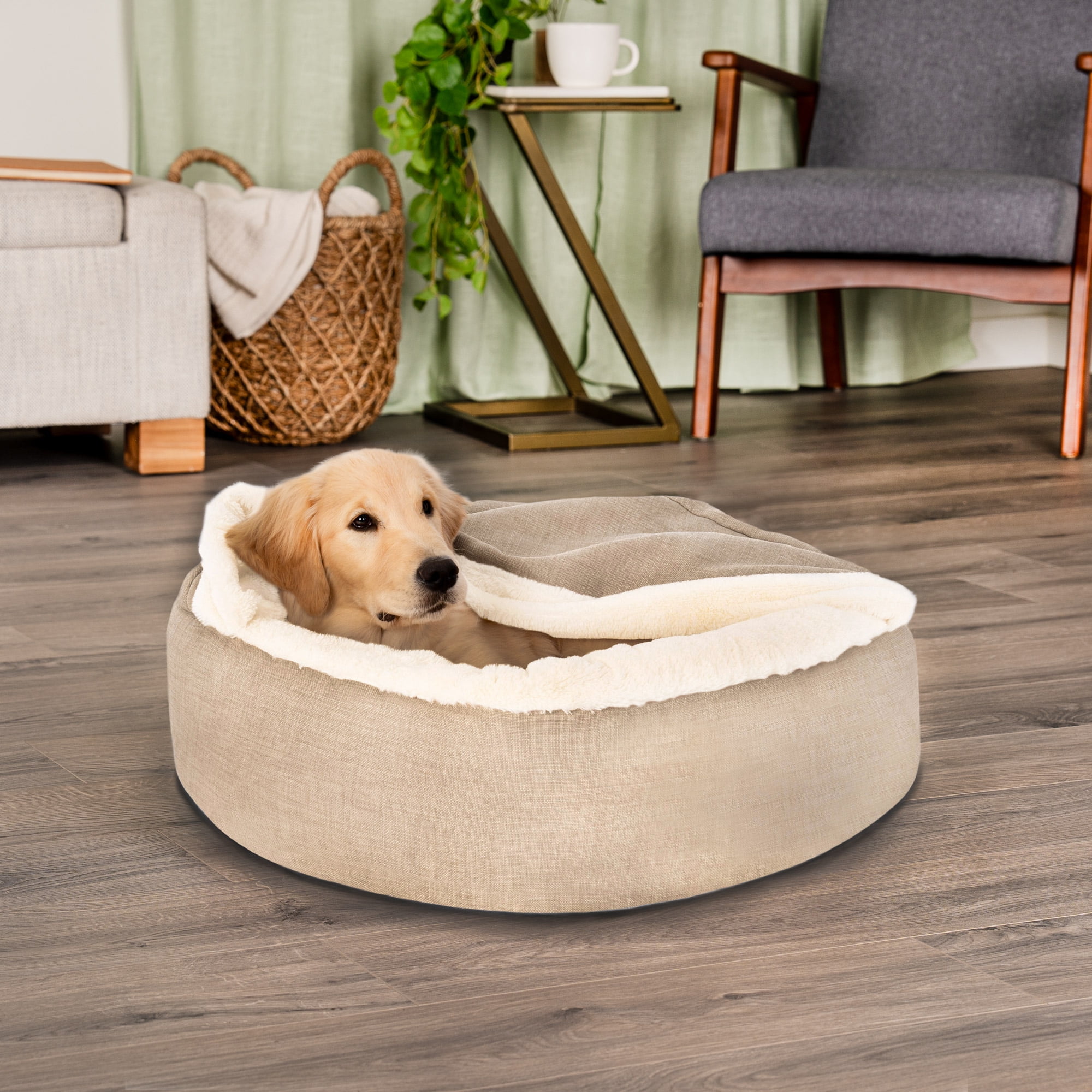 FurHaven Plush & Performance Linen Hooded Donut Pet Bed for Dogs & Cats - Flax, Medium - 27"