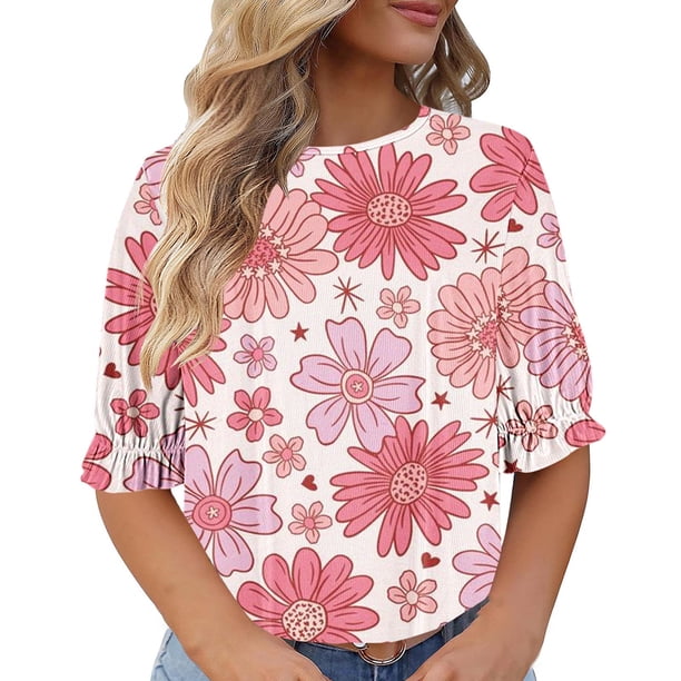 Blusas para las Mujeres Casual Tamaño Grande Cuello Redondo Impresión Corta Camiseta Superior, Verano Casual Blusa para las Mujeres