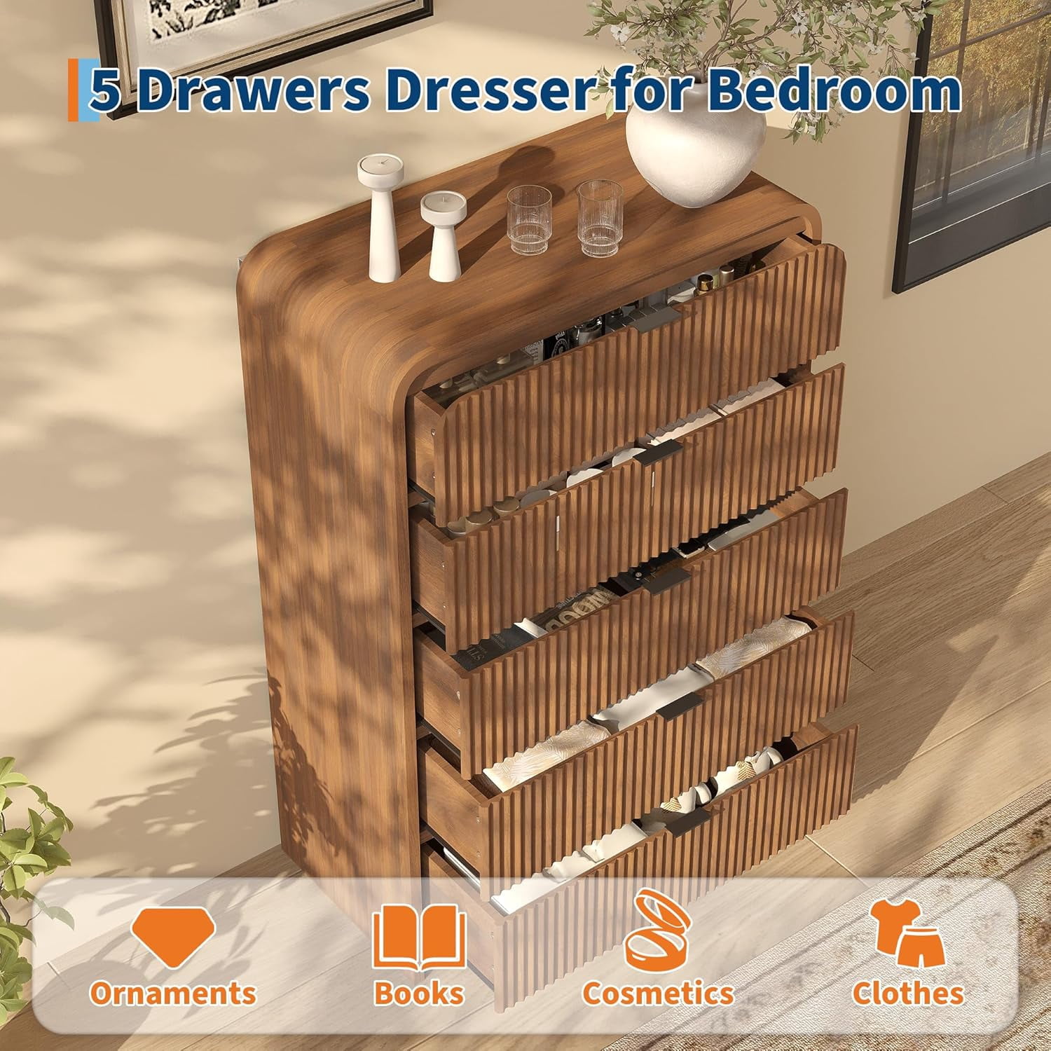 Fluted 5-Drawer Tall Dresser, Walnut Wood Chest with Rounded Edge for Bedroom, Living Room, Hallway