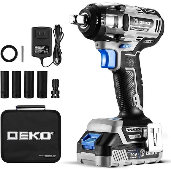 DEKOPRO 20V Cordless Impact Wrench, 1/2 Inch Chuck, 3200 RPM, 258 ft-lbs Max Torque, Li-ion Battery, Fast Charger, Tool Bag