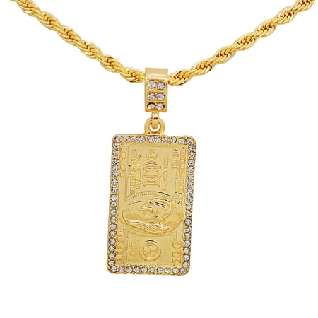 Gold Plate Statue 14K Gold Plated Hip Hop Bling Iced Out United States American Hundred Dollar Bill Money Pendant with 24