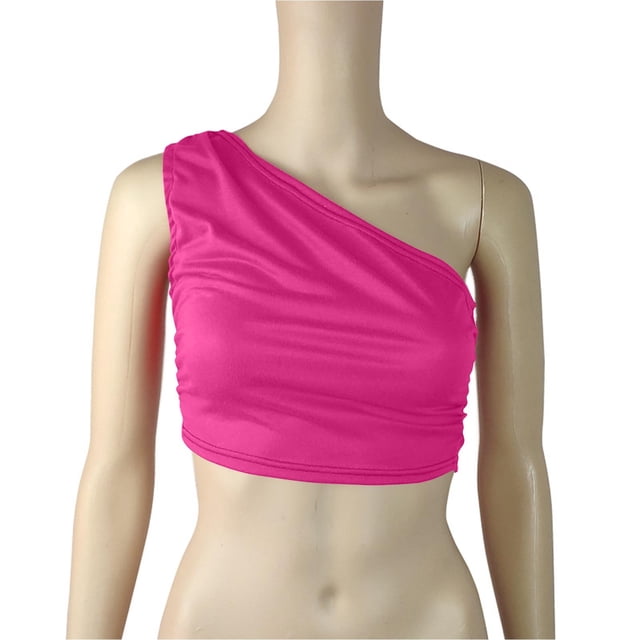 Timegard Tank Top for Women Solid Color 1 Shoulder Cropped Comfy Fitting Slim Ruched Casual Tee Top