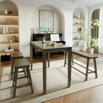 Alpha Joy 4 Pieces Dining Table Set for 4 Space-Saving Wood Kitchen Counter Height Bar Table, 2 Stools and Bench- Smoky Brown