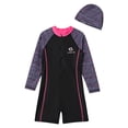 thumbnail image 3 of YONGHS Girls One Piece Zipper Swimwear Jumpsuit with Hat Sun Protection Summer Beach Swimsuit Plaid Black 9-10, 3 of 7
