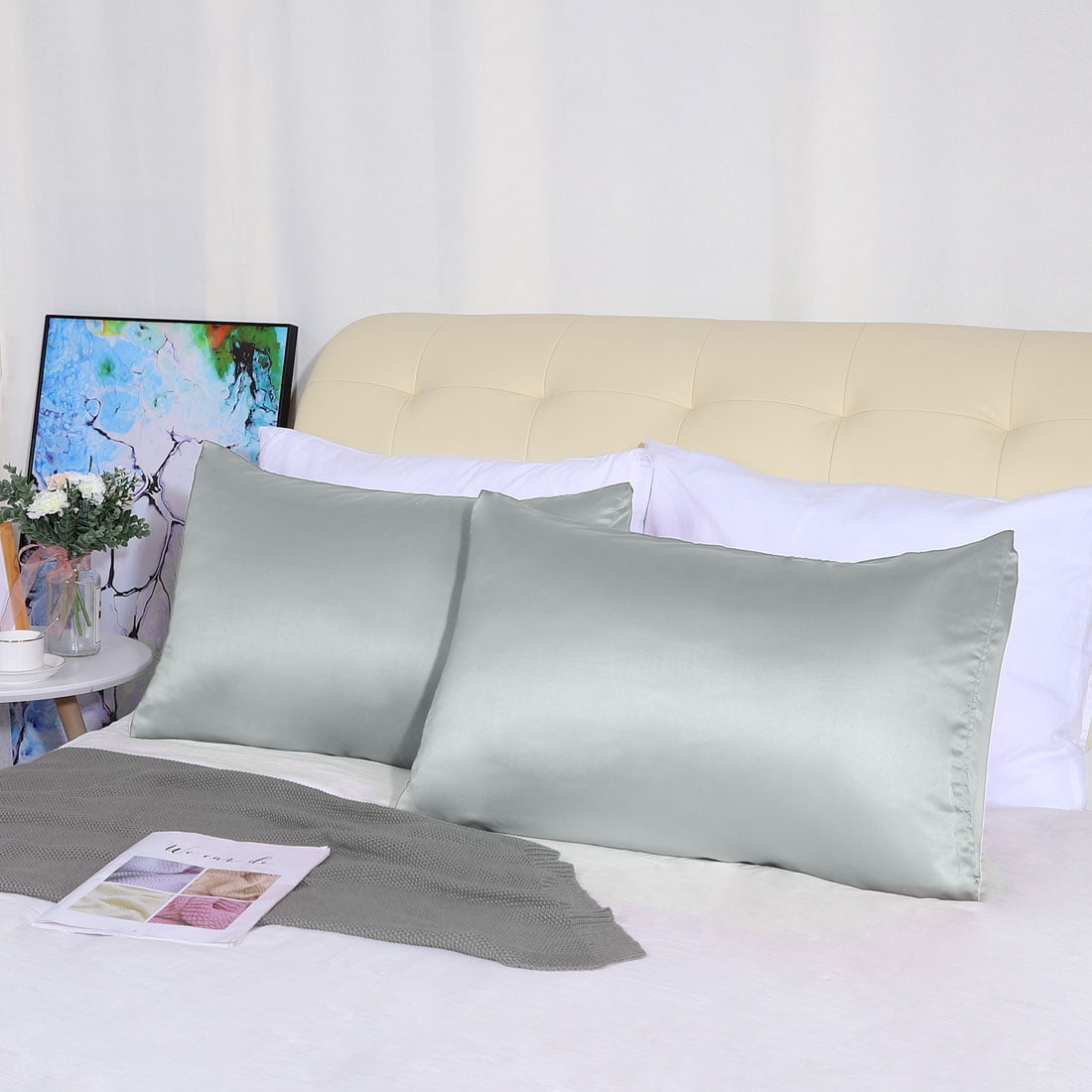 Unique Bargains Silky Satin Pillow Cases Covers Set of 2 Light Gray Standard