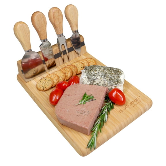 JS Gourmet - Bamboo Cheese Board with 4 Knives and Magnetic Holder