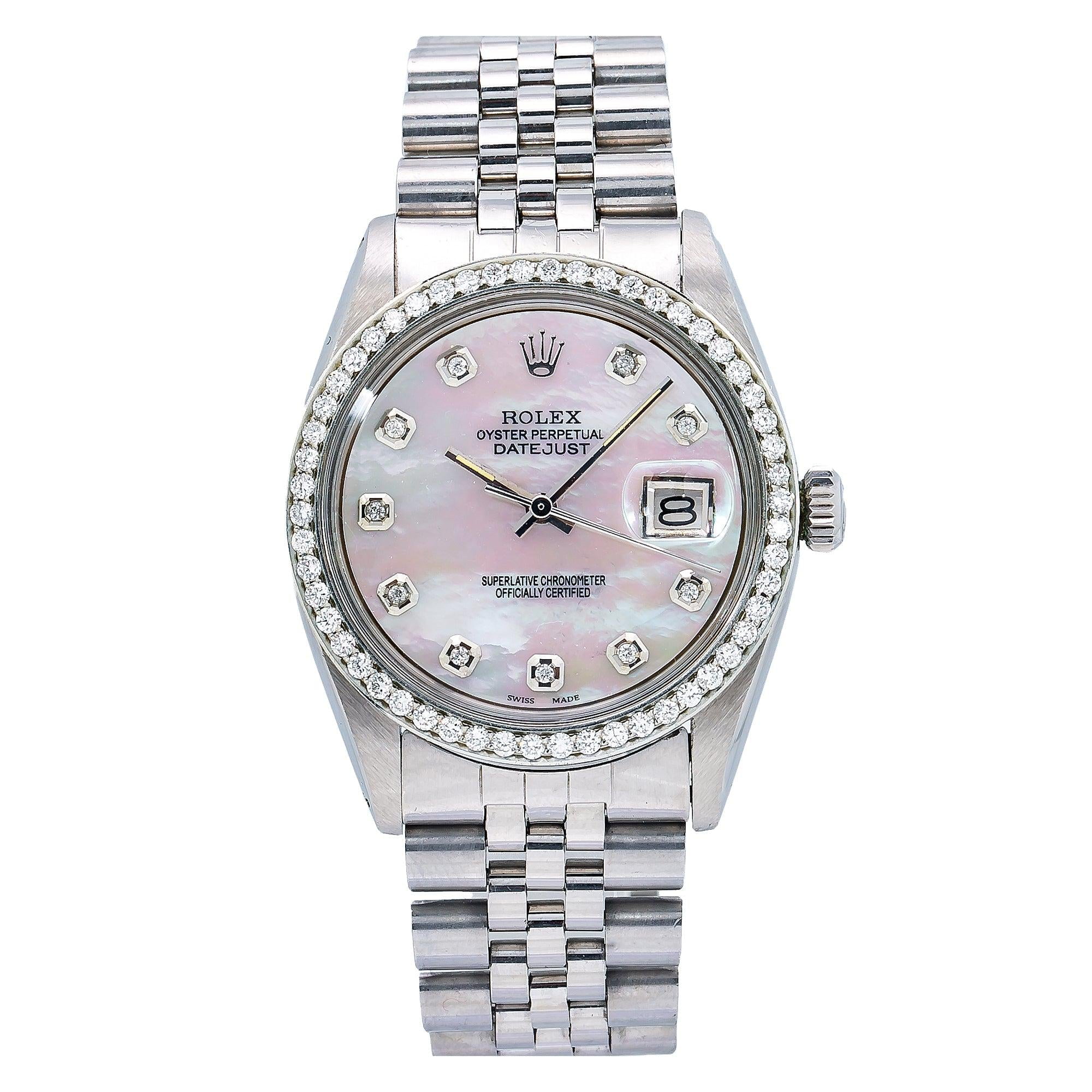 Pre-Owned Rolex Datejust 1603 36MM White Mother of Pearl Diamond Dial With 1.10 CT Diamonds