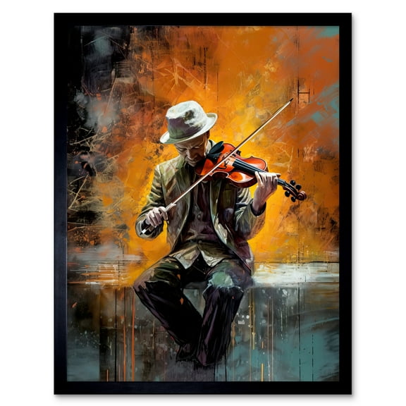 Street Musician Playing Jazz Music on his Violin Art Print Framed Poster Wall Decor 12x16 inch