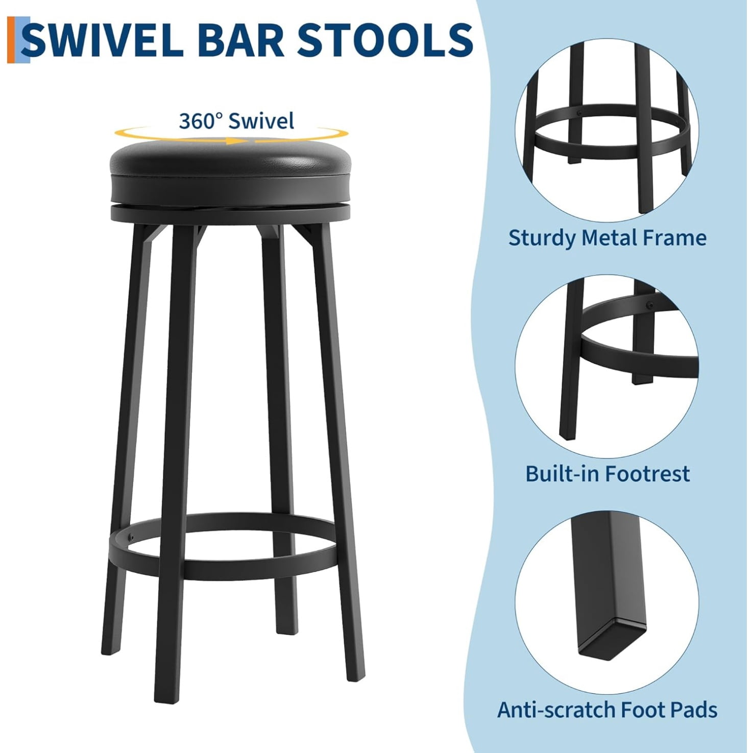 2/4 PCS Home Kitchen 360° Swivel Bar Stool Set of 4, PU Leather Upholstered Counter Height Bar Stool with Metal Footrests, Mid Century Modern Barstool for Kitchen, Dinig Rooms, Apartments