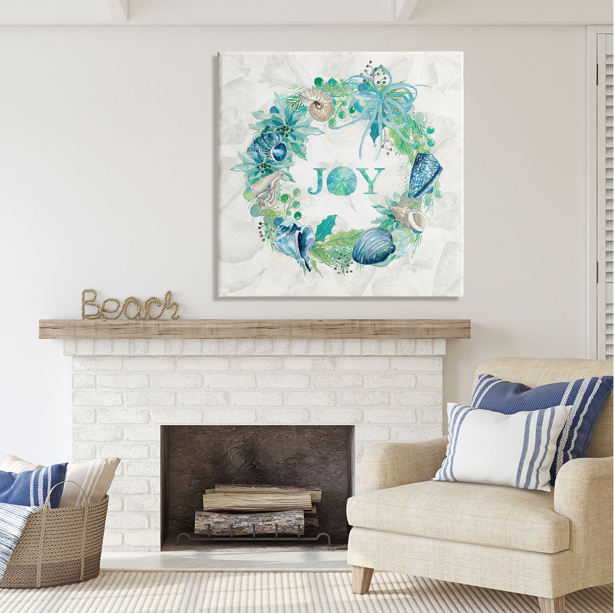 Stupell Industries Joy Coastal Shell Wreath Nature Painting Gallery Wrapped Canvas Print Wall Art, 36 x 36