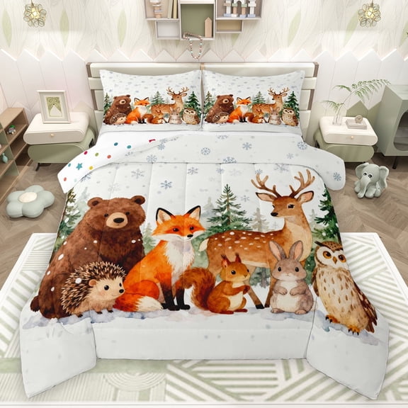 jejeloiu Jungle Bear Deer Bedding Comforter Set,Kawaii Fox Rabbit Twin Comforter Sets,White Brown Orange Bedding Set For Kids,Breathable Home Decor Reversible,2 Pieces