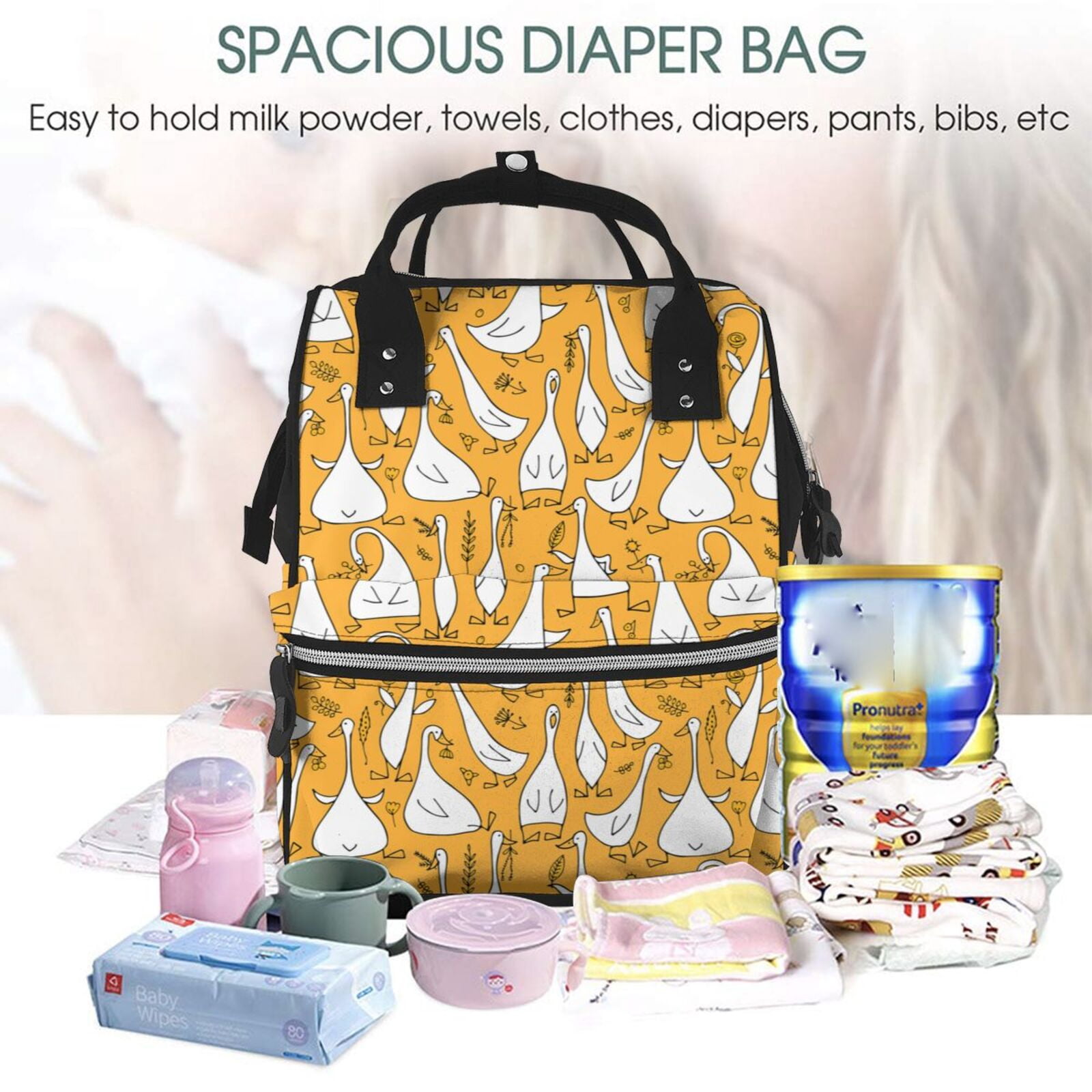 Fuzoiu Funny goose family Print Diaper Bag Backpack,Baby Essentials Travel Tote,Multi function Waterproof Diaper Bag, Travel Essentials Baby Bag - Unisex