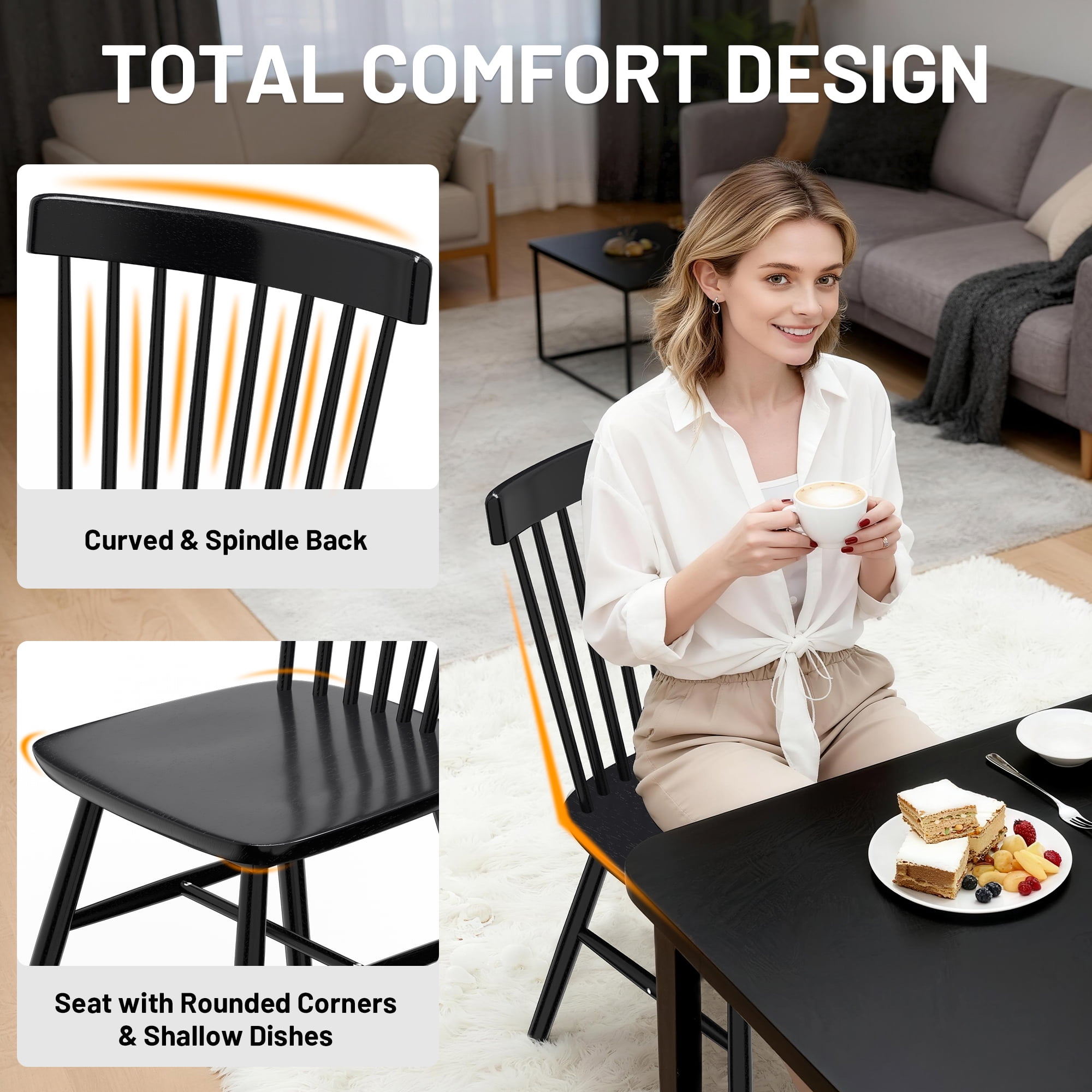 Dhole Windsor Spindle Back Dining Chair Set of 4, Solid Hardwood Kitchen and Dining Room Seating in Black