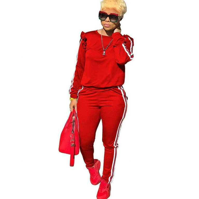 Women s 2 Piece Outfits Ruffle Sleeve Sweatshirt and Pants Sweatsuits Set Tracksuits Walmart