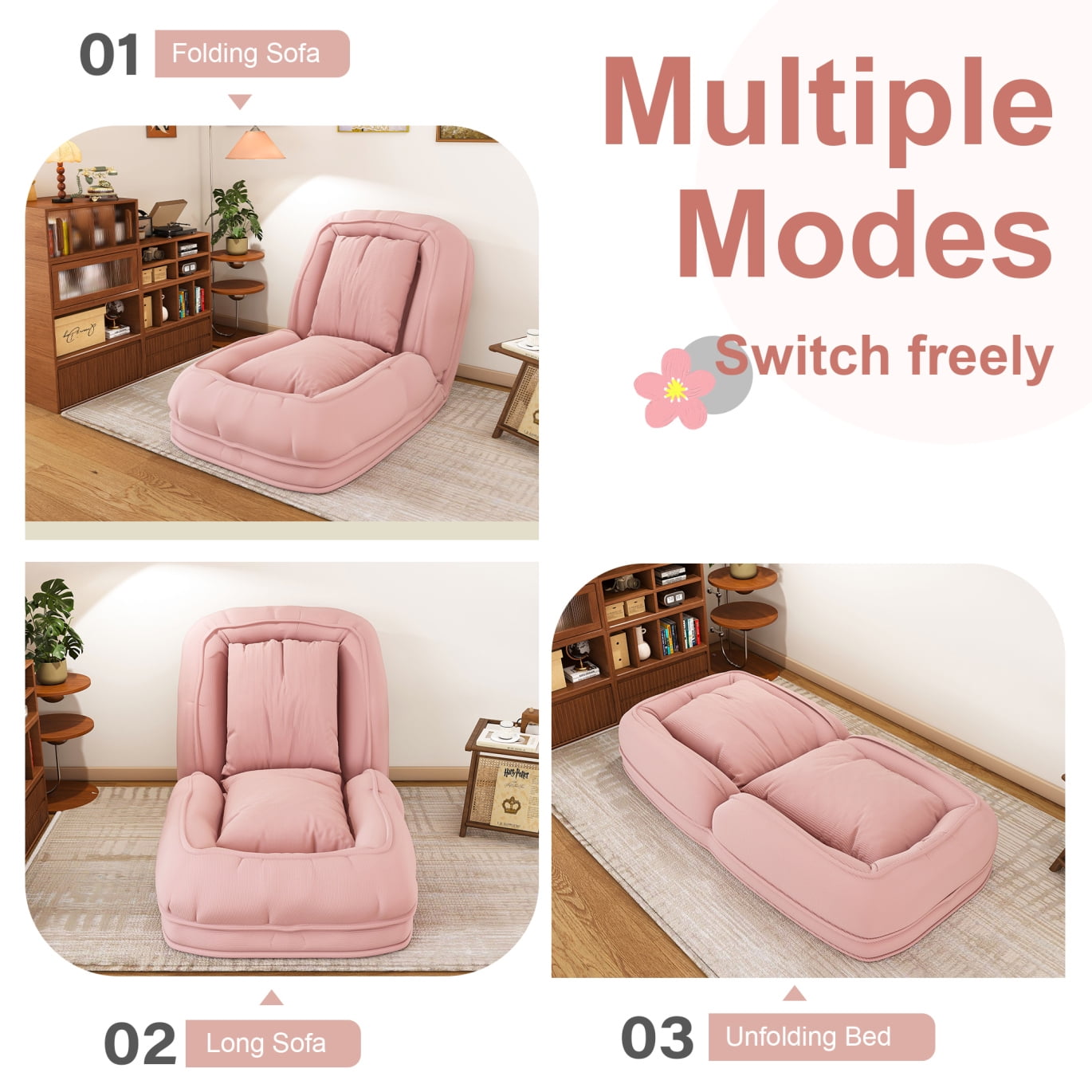 Human Dog Bed with 5 Adjustable Positions, 2 in 1 Folding Lazy Sofa Bed, Corduroy Orthopedic Big Bean Bed for Living Room, Pink