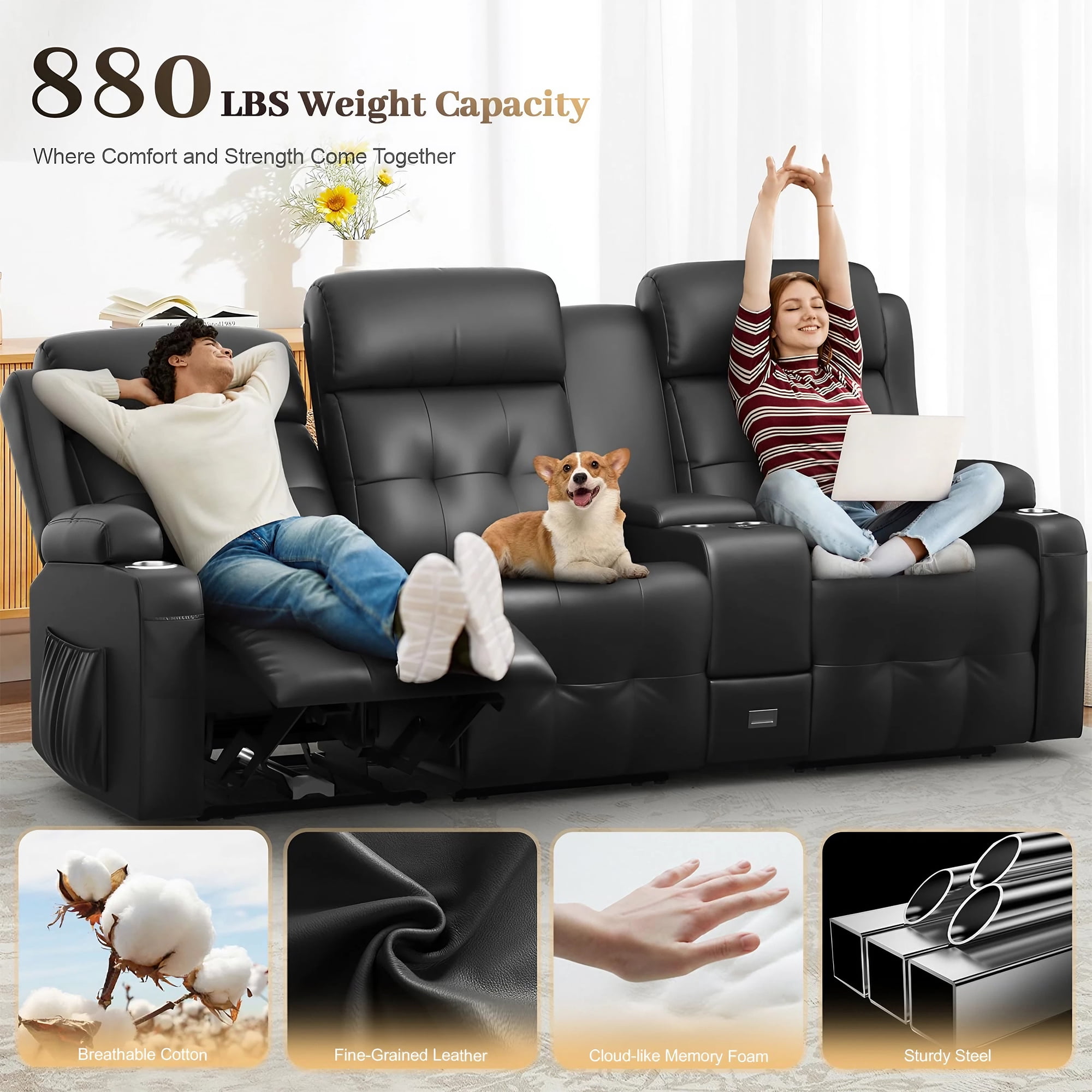 LOBERFVE Recliner Sofa, Massage Reclining 3 Seater Sofa Sets, RV Loveseat Recliner with Console, USB, Type C Port, Storage, Cup Holders, Wall Hugger Chair for Living Room, Black