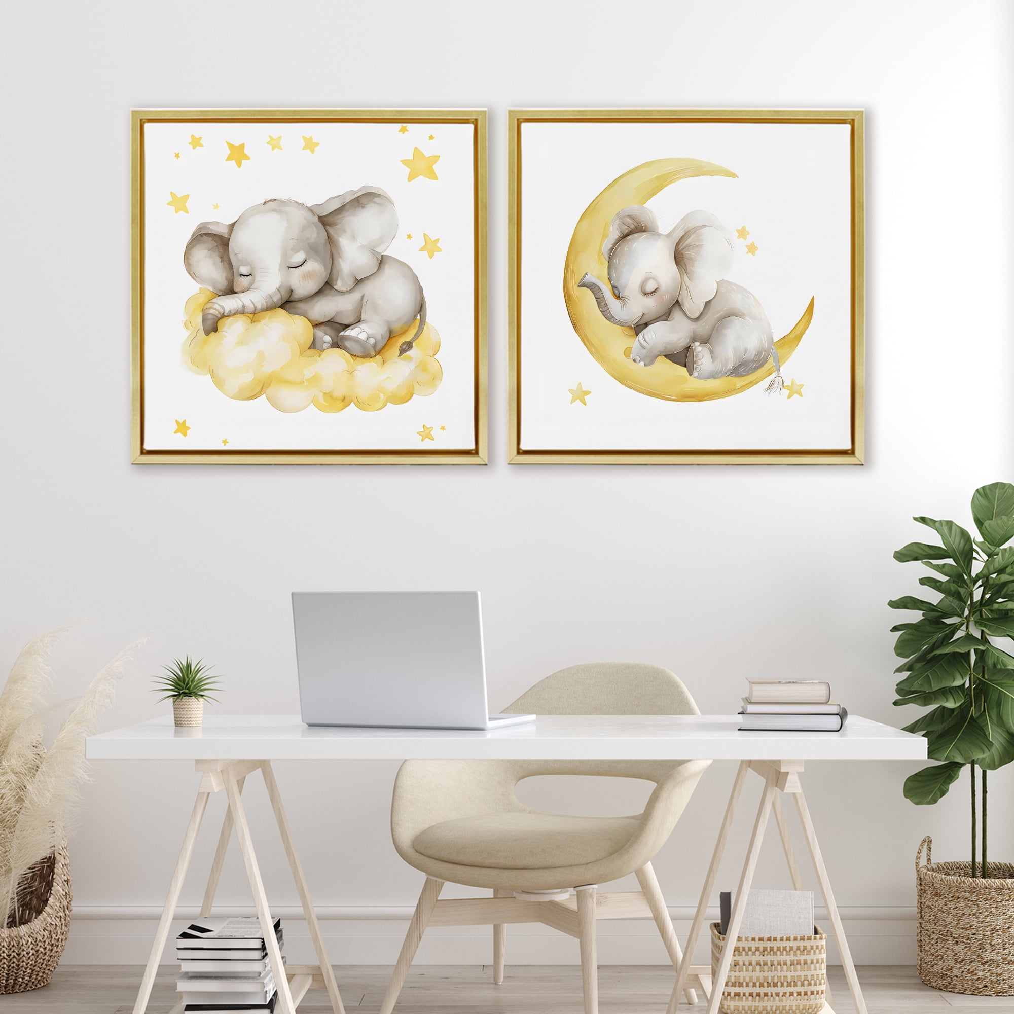 Stupell Industries Sleeping Elephant Moon and Clouds 2 Piece Gold Framed Floater Canvas Set, design by LSR Design Studio