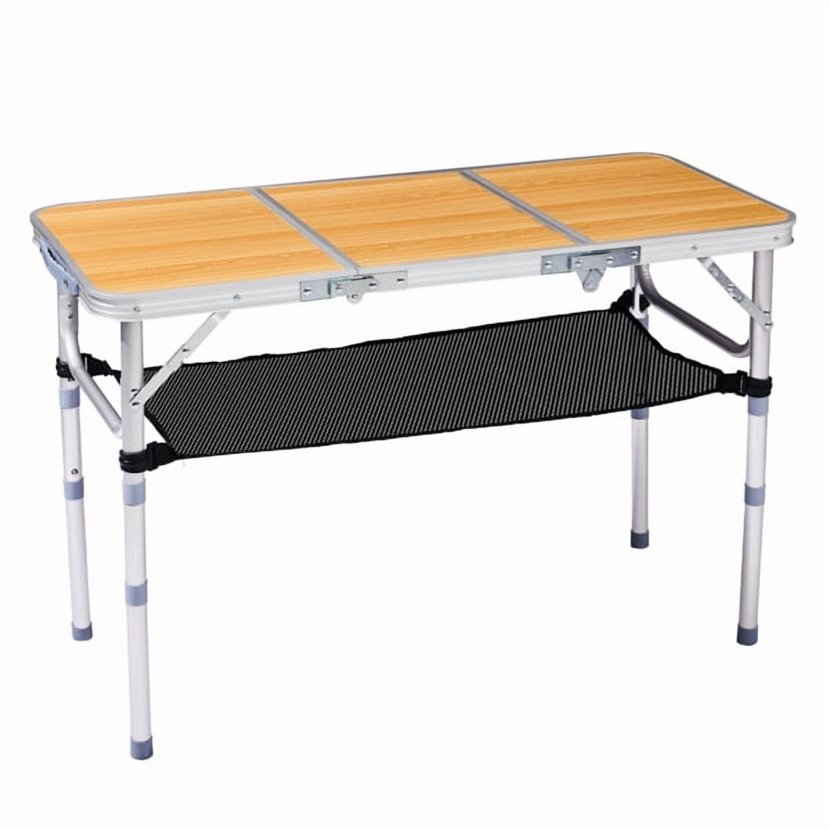 Wooden Pattern Folding Camping Table with 3 Height Settings & Mesh Storage Shelf, 110lb Capacity Portable Table for Outdoor Dining & Activities