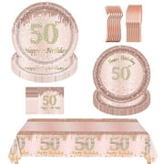 Rose Gold Party Supplies,50th Birthday Theme Disposable Party Tableware Sets - Paper Plates,Napkins,Plastic Forks Knives,Tablecloths,50th Birthday Decorations for Women,24 Guests