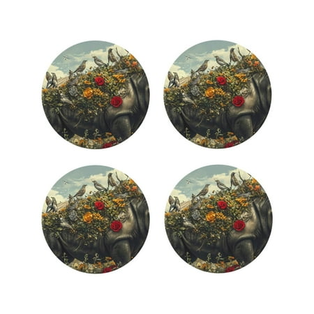 

Honeii Floral Rhino With Birds Print Leather Coaster Set of 4 Ideal for Safeguarding Your Furniture from Drinks Spills and Effortless Cleanup-Round Shape