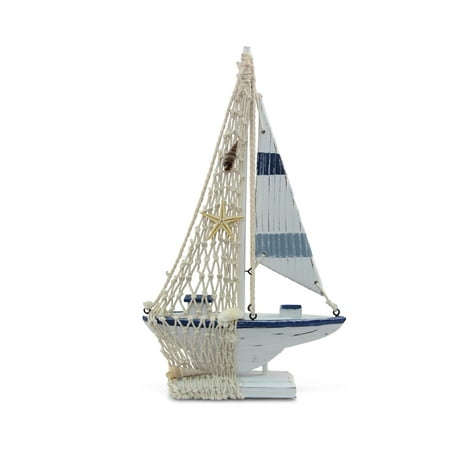 Sailboat Mosaic Puzzled Blue Stripes Sailboat Replica Model w/ Wooden Stand Nautical Quality Handcrafted Art Decorative Aquatic Ocean Marine Theme Rustic Finish Wood Mini Cruise Ship Collection Yacht Display ()