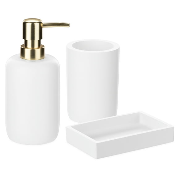 Navaris Decorative Bathroom Accessories Set - 3-Piece Bath Accessory Kit with Toothbrush Holder / Liquid Soap Dispenser / Soap Dish Tray - White
