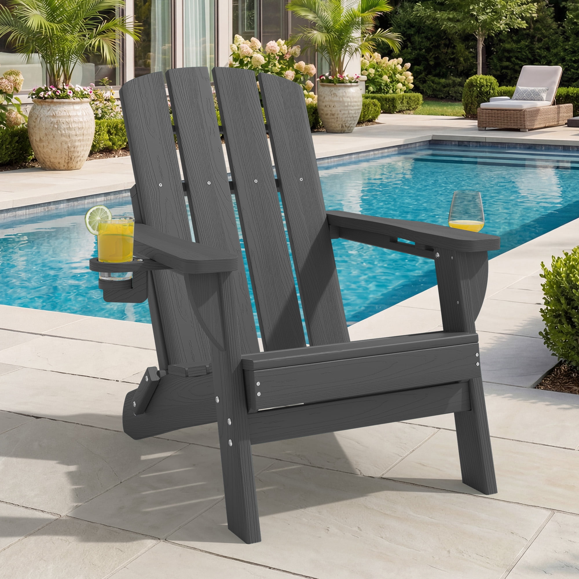 Outdoor Adirondack Chair, Outdoor Folding All-Weather HDPE Adirondack Chairs with 2 Cup Holders for Patio, Gray