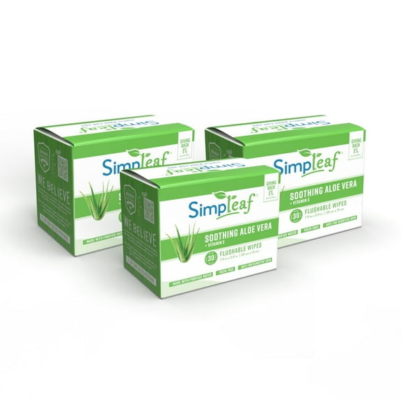 Simpleaf Flushable Aloe Vera Single Pack Wet Wipes | Paraben & Alcohol Free | Hypoallergenic & Safe for Sensitive Skin | Soothing Aloe Vera Formula | (30 x 3 Single Pack Wipes) 180 Counts Total