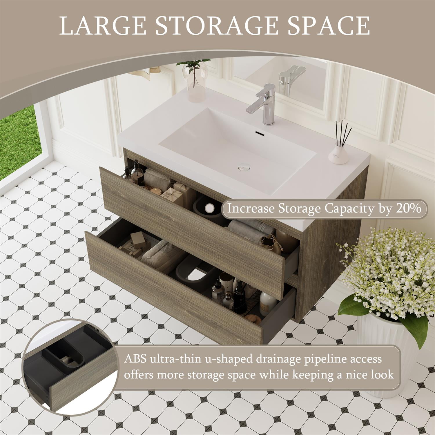 Demi Bonn 36" Floating Bathroom Vanity with Sink, Resin Top Basin and 2 Soft Close Drawers, Faucets and Drains Not Included, Gray