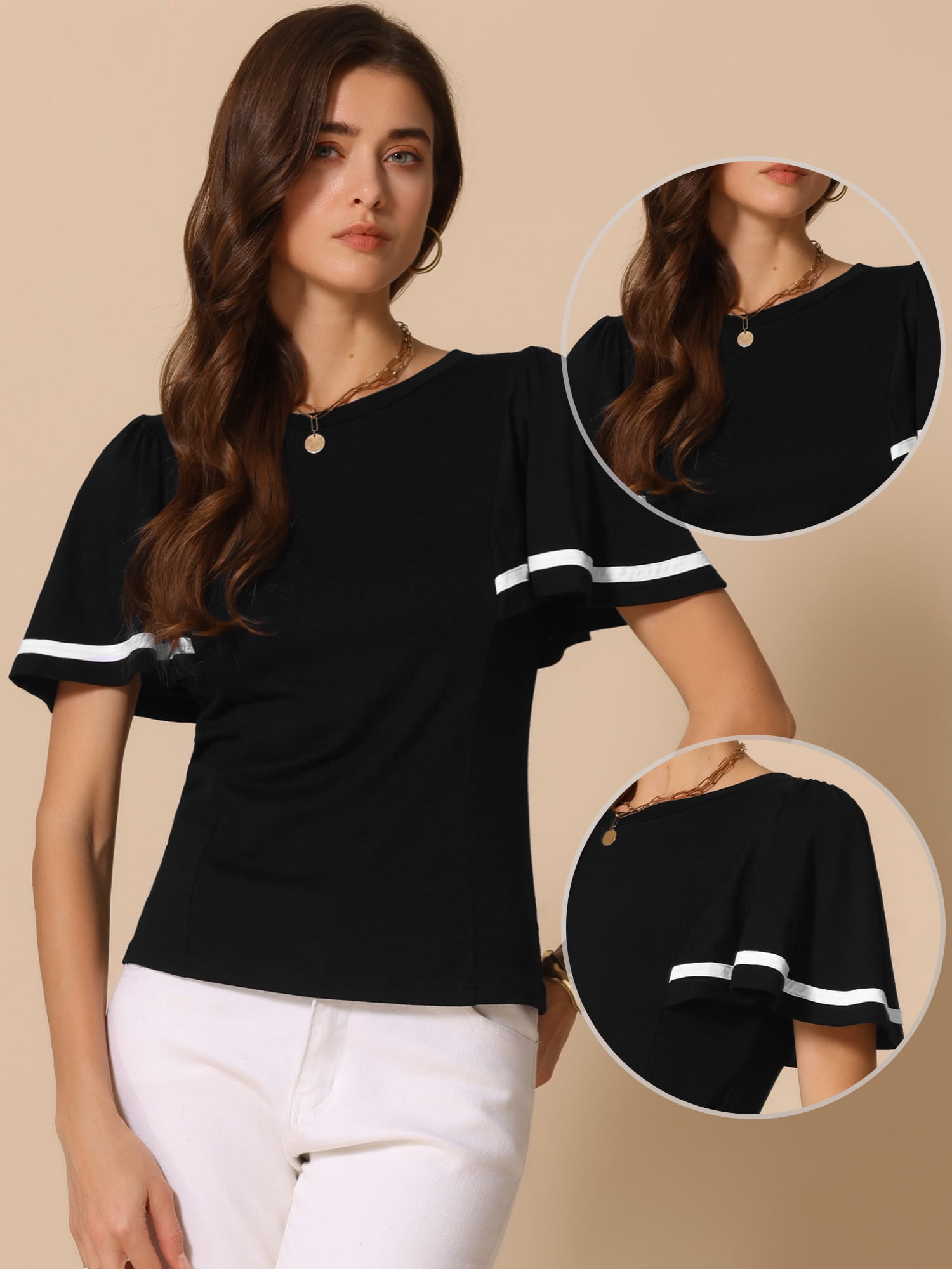 DARING DIVA Women's Ruffles Short Sleeve Round Neck Casual Blouse L Black