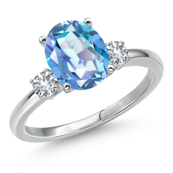 Gem Stone King 14K White Gold Millennium Blue Mystic Quartz and White Created Sapphire Engagement Ring for Women | 3.26 Cttw | Oval 10X8MM | Gemstone Birthstone | Size 7