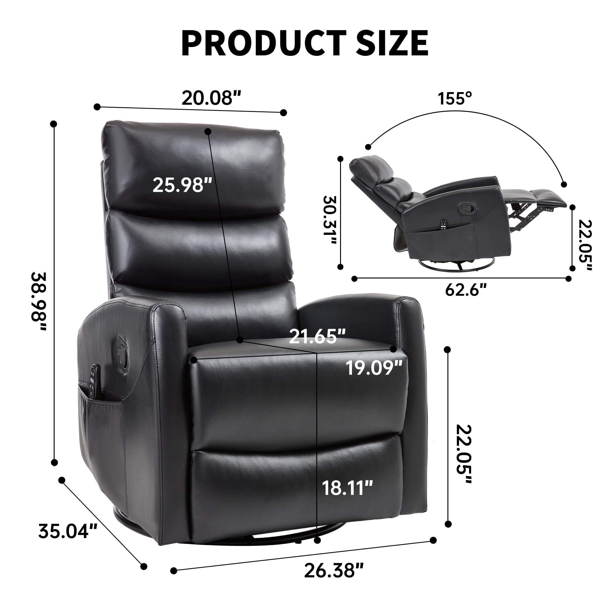 Aukfa 360° Swivel Recliner Rocking Chair with Massage and Heat for Living Room & Nursery, Leather, Black