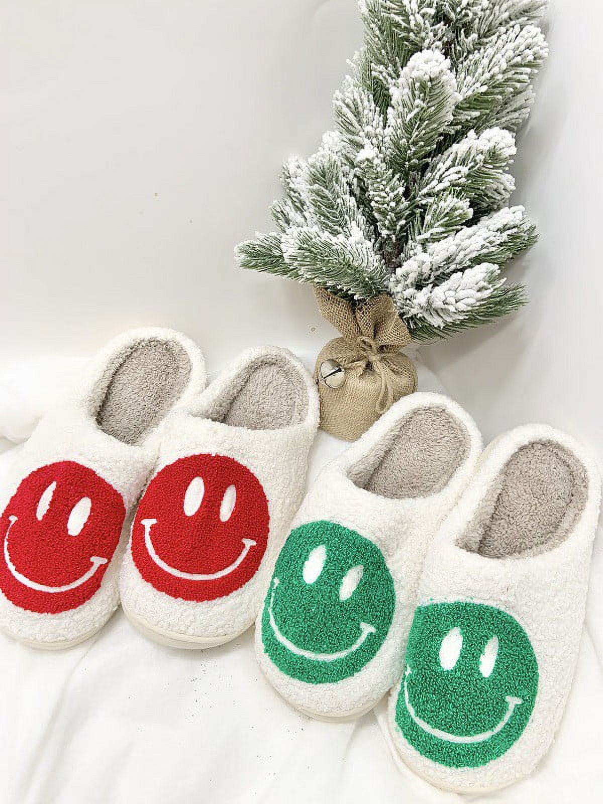 PacificPlex Womens Smiley Smile Slippers Plush Happy Face (5-6, Red)