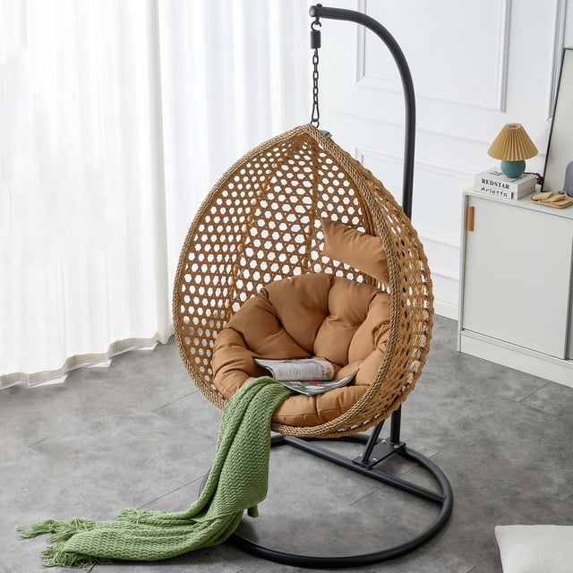 Noble House 76.8" Hand Woven Imitation Rattan Hanging Basket Chair,Yellow