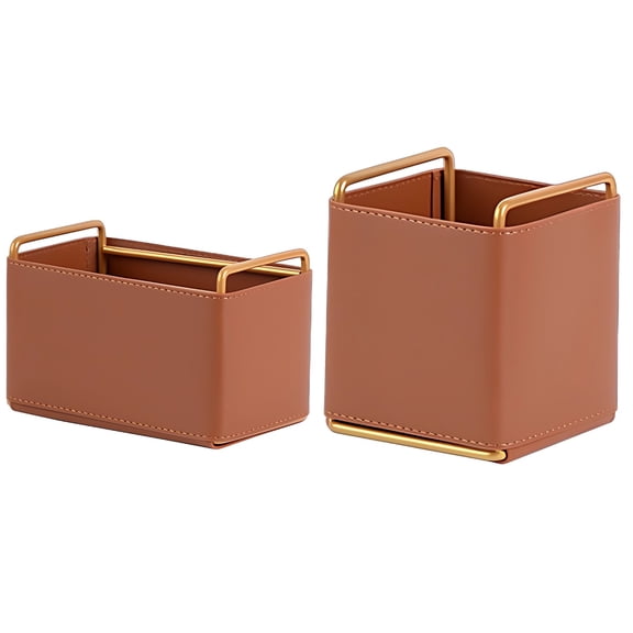 Brown Desktop Organizer, PU Leather Storage Basket with Metal Handle, Remote Control Storage Box, Versatile Makeup Brush Storage Box for Hotel, Office, Bedside Table