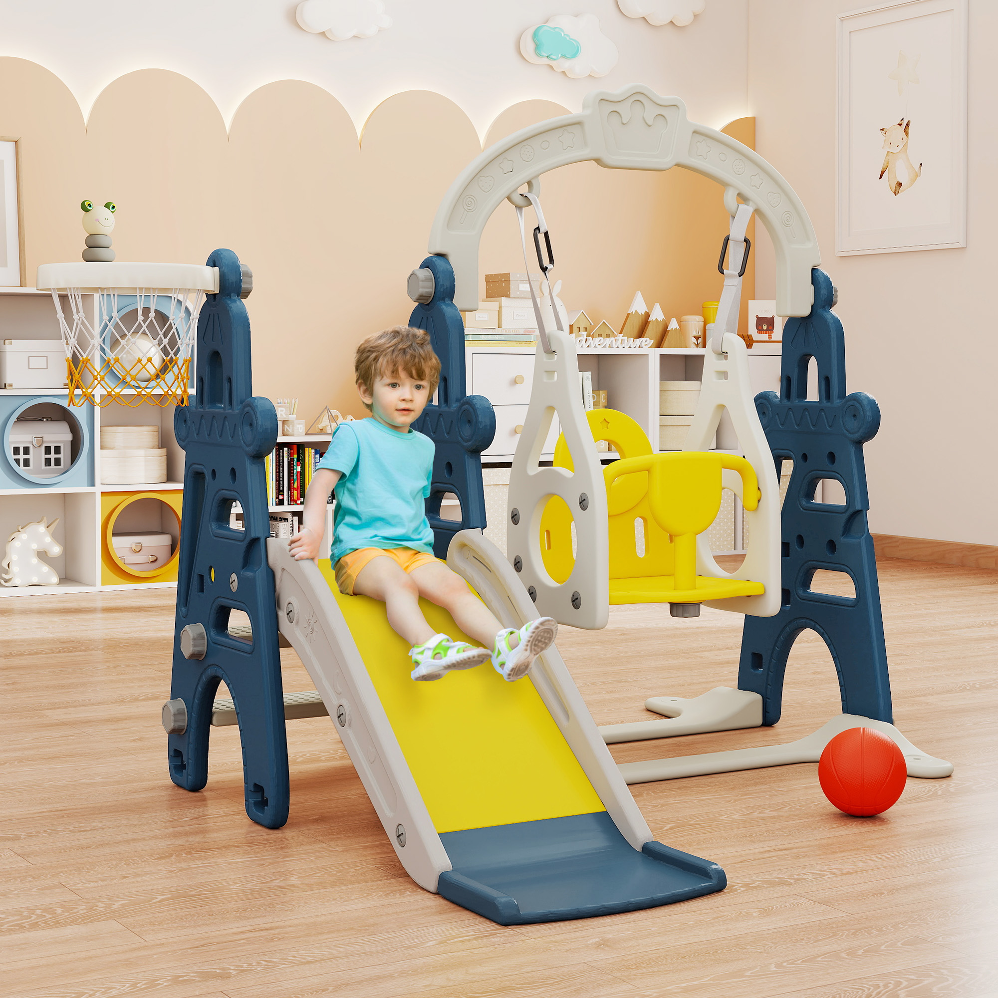 TOBBI 4 in 1 Slide and Swing Set for Toddlers, Indoor Slide Climber Toy, Swing Style,Blue,1+