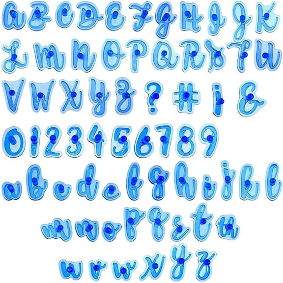 66Pcs Letter Cake Stamps Number Cookie Stamp Blue Plastic Fondant Handwriting Characters Alphabets Numbers Upper Lower Case Print Cutters Embossed Tool for DIY Cakes Chocolate Baking Decor Blue