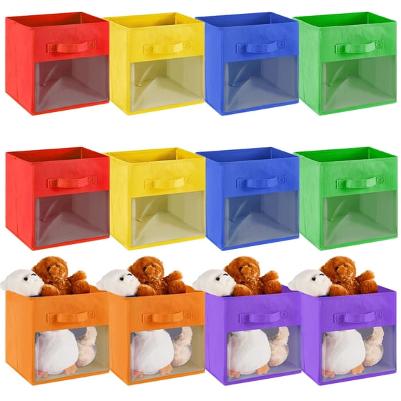 Marsui 12 Pcs Clear Cube Storage Bins Rainbow Colored Collapsible Kids Storage Bins Fabric Classroom Organizer with Window for Ki