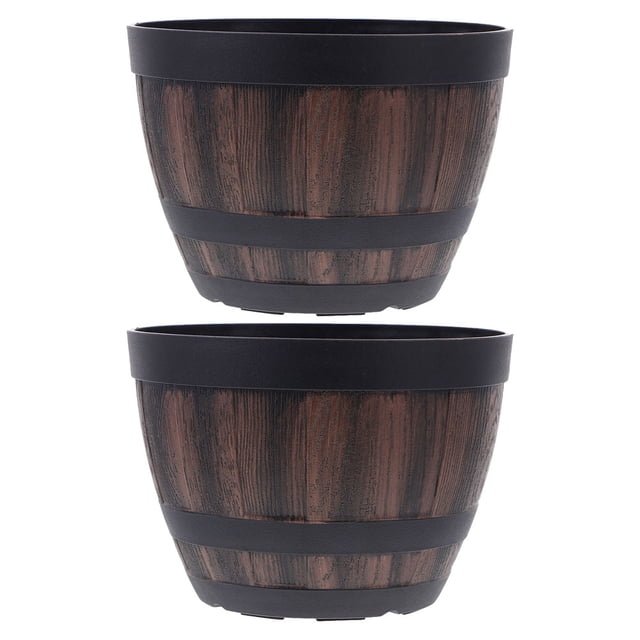 Brown Plastic Barrel Planter for Home Garden Use with Vintage Design and Durable Construction 2 Pcs
