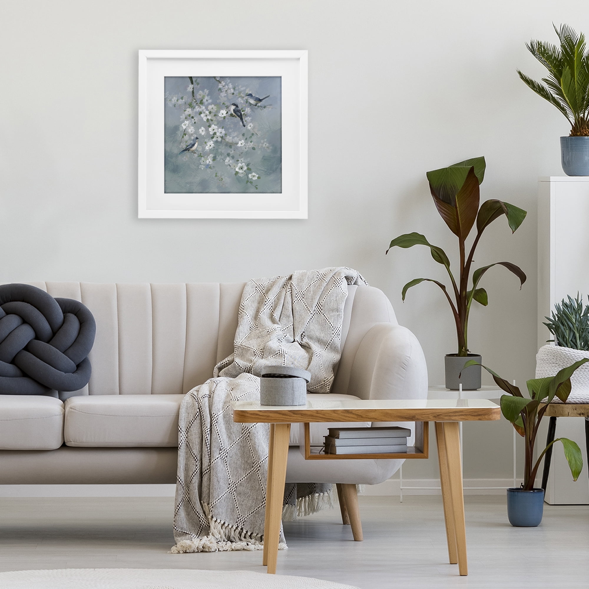Stupell Industries Serene Birds on White Blooms White Framed Print Under Glass, design by Nan