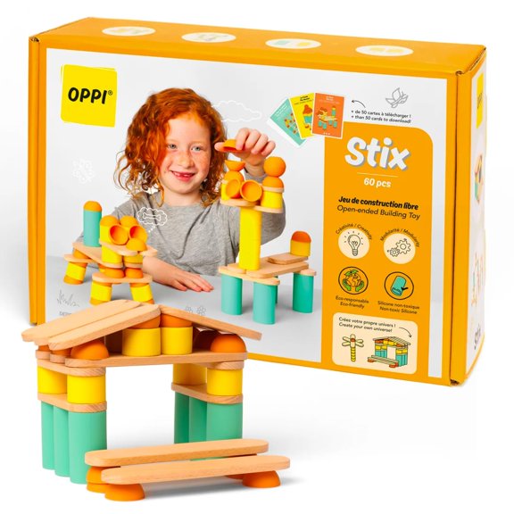 OPPI Stix 60 Pcs Wooden Blocks  Durable Natural Wood Building Blocks for Toddlers & Kids Ages 212  Open-Ended Creativity, Stacking & Construction Set for Early Learning and STEM Skill Development