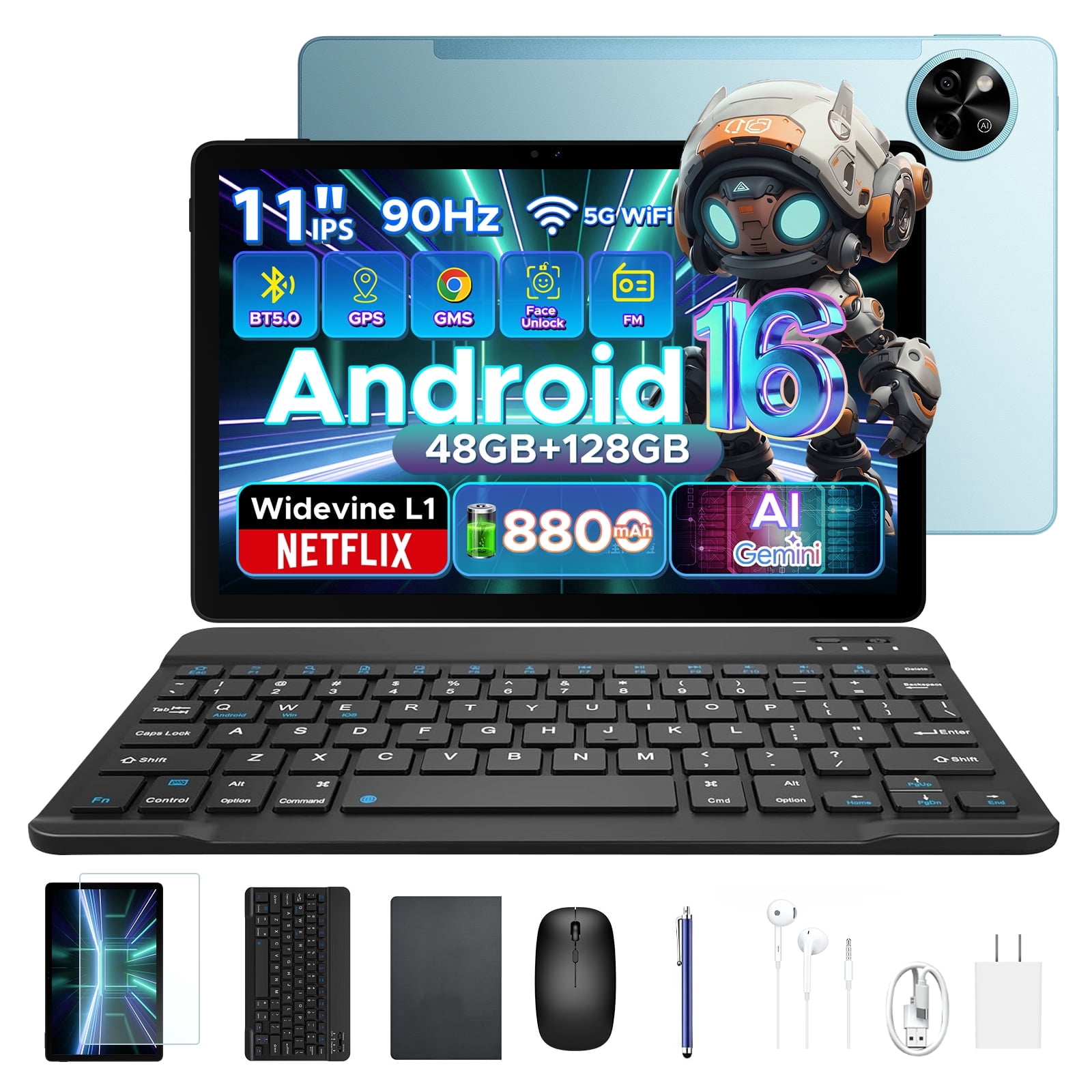 Aorlym P11 Android 16 Tablet, 11 inch Tablet with Gemini AI, 48GB RAM+128GB ROM/2 TF, 120Hz, T7250 Octa-Core, 8800mAh/18W, 13MP+5MP, Widevine L1, Face ID, GPS, FM, OTG, Keyboard Pen