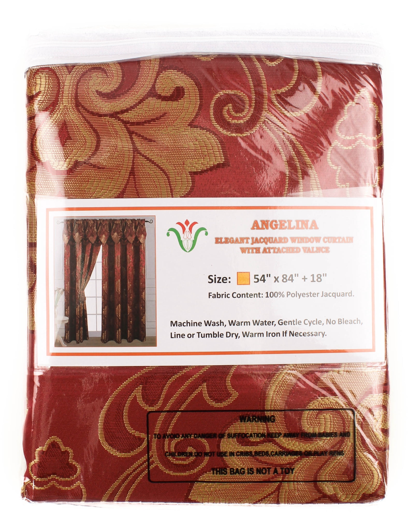 Luxury Jacquard Curtain Panel with Attached Waterfall Valance, 54 by 84-Inch Angelina Burgundy (2-Panels)