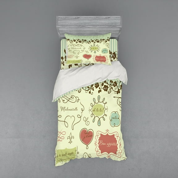 Ambesonne Hipster Bedding Set 3 Pcs, Vintage France Doodle, Twin, Pale Green Chocolate