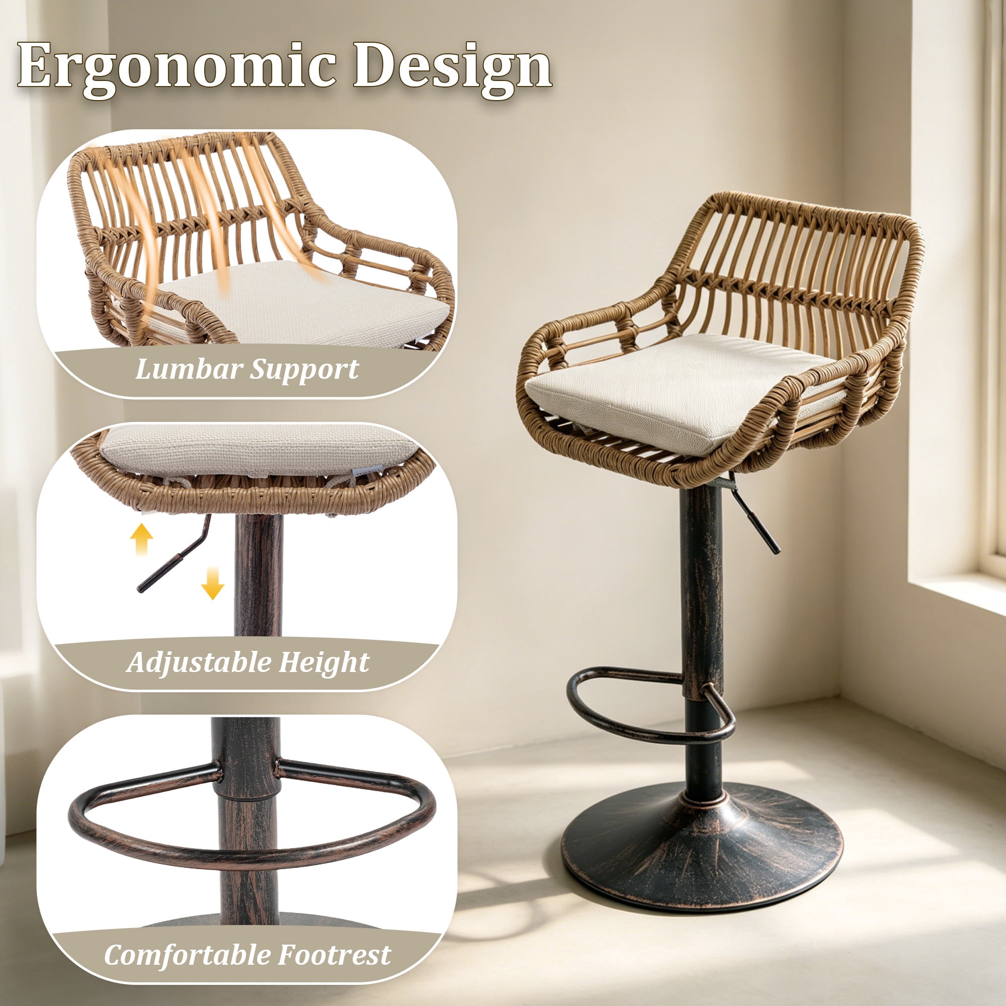 MOONMISS Swivel Bar Stools Set of 2, Modern Adjustable Counter Height Barstools with Back, Rattan Bar Chairs with Cushions & Metal Footrest, Pub Stools for Kitchen, Bar, Dining Room,Beige