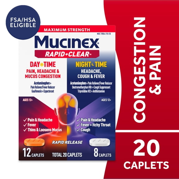 Mucinex Rapid Clear Pain, Headache and Mucus Congestion Day and Nighttime Caplets, 20 count Combo Pack