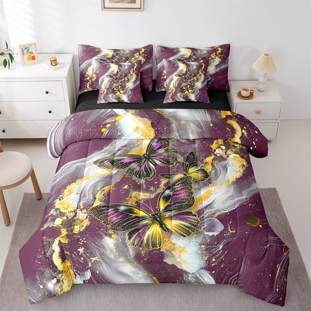 Gold Marble Bed in a Bag Queen Comforter Set 7 Piece Purple Butterfly Bedding Sets,Red Lilac Marbling Sheet Set Abstract Ombre Ink Fluid Art Bed Set,Rustic Animal Butterflies Room Decor Aesthetic